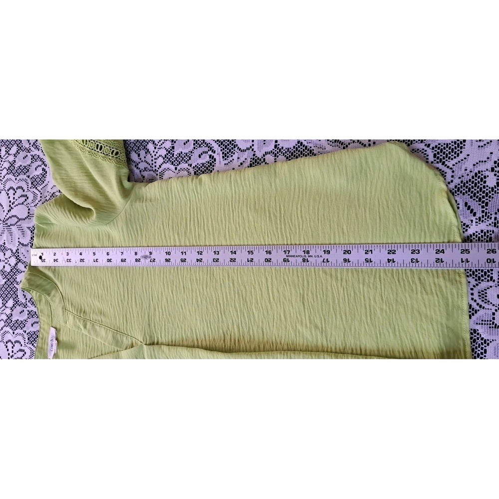 Como Blu Top M Lime Green Peasant Blouse Puff Sleeve Crochet Trim Polyester Boho - Picture 7 of 10